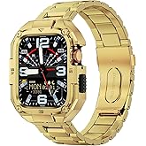 MOFREE Stainless Steel Watch Band with Case Compatible for Apple Watch Series 10 46mm for Men, Rugged Strap with Metal Protective Bumper Cover for iWatch 10 46mm Bands Men Gold