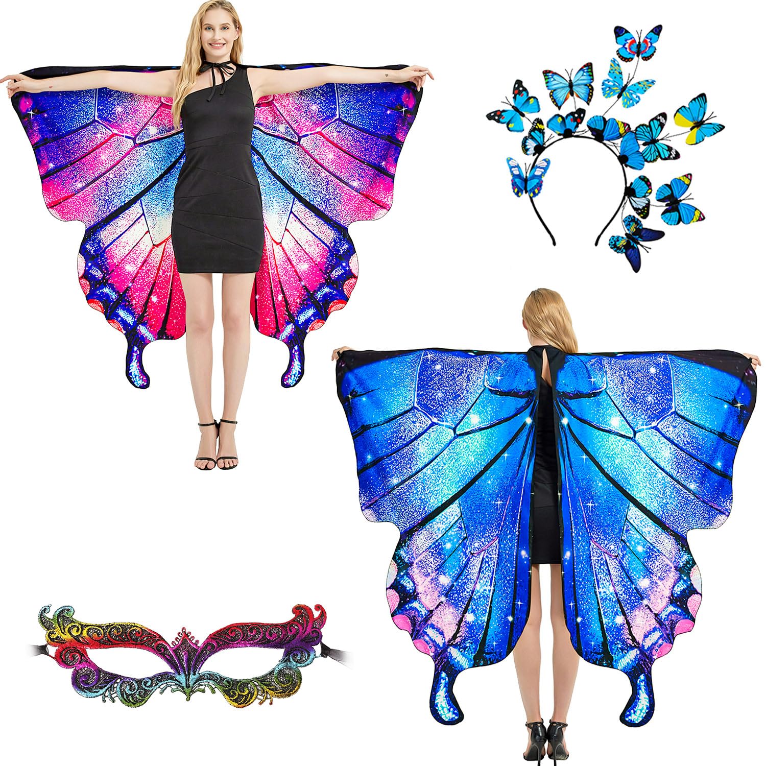plainshe Butterfly Wings Double-Sided, Fairy Wings for Adults, Halloween Costumes for Women, 3PCS Butterfly Cape Set (Double-Sided 9)