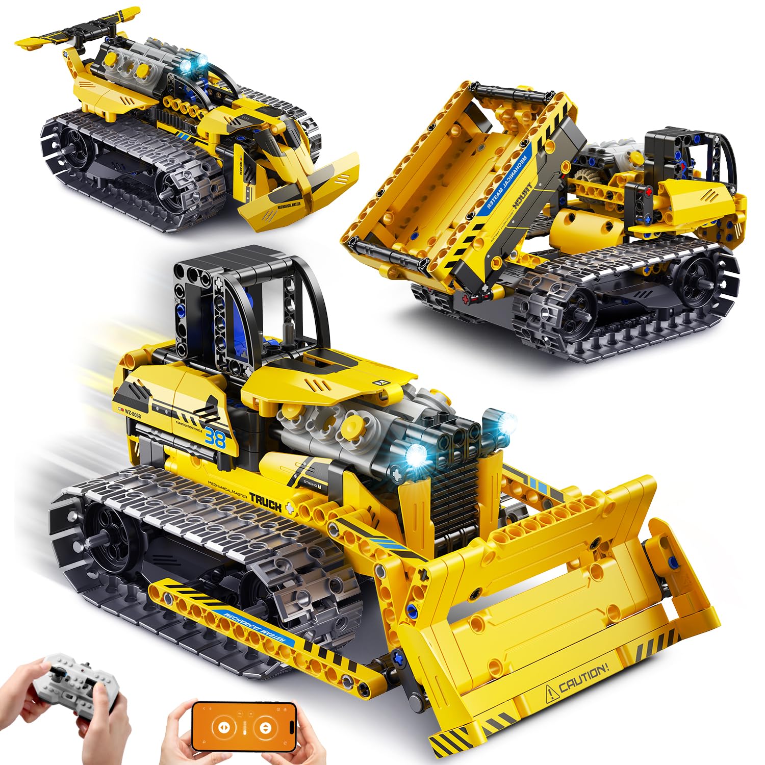PLAXSOON Technik Ferngesteuertes Baufahrzeug Bauspielzeug mit Wiederaufladbare Akku, 3-in-1 RC STEM Bulldozer Kipplaster Klemmbausteine 452 Stück, Geschenk für Kinder Jungen ab 8-12+ Jahren