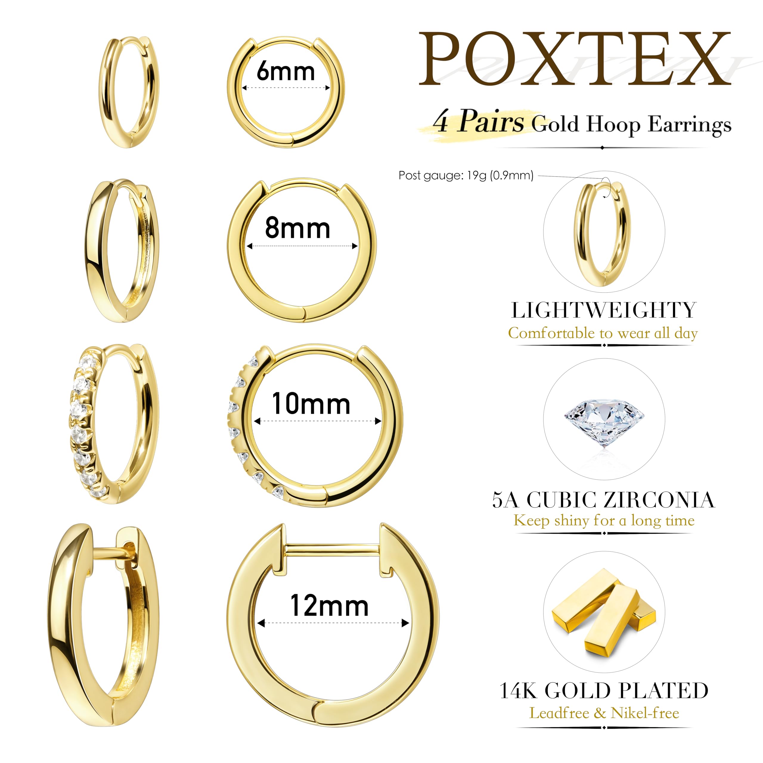 Poxtex Small Gold Huggie Hoop Earrings Set for Women Men Hypoallergenic 14K Plated Stack Cartilage Earrings, Multiple Piercing Lightweight Mini Thin Cute Dainty Trendy Jewelry Set Christmas Gifts for Women