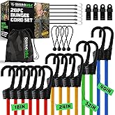 Rhino USA Bungee Cords with Hooks (28-Piece) - Heavy Duty Outdoor Assorted | Assorted Sizes Short to Long. Color Coded. 4 Tarp Clips, Ball Bungees &amp; Drawstring Bag. UV &amp; Weather Resistant.