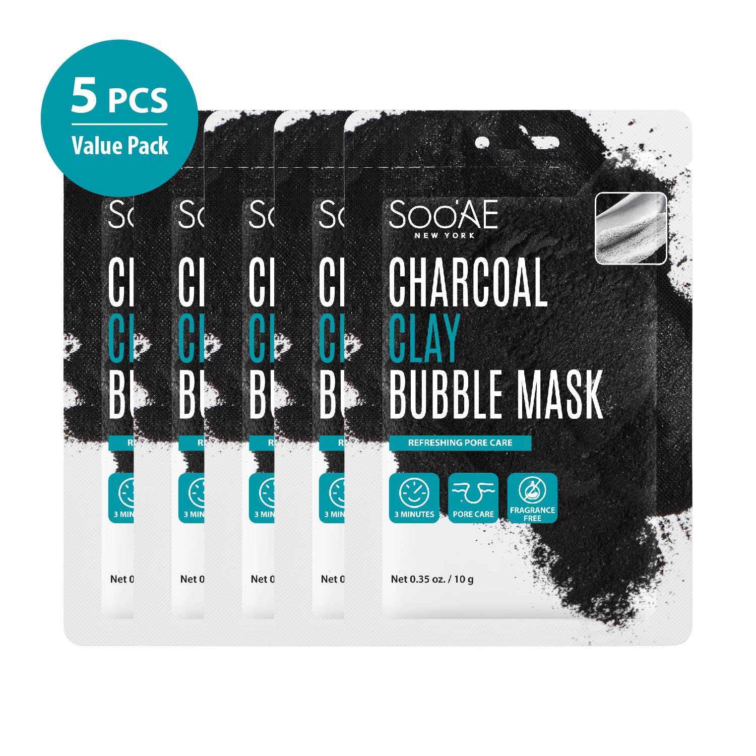 Soo'ae Charcoal Clay Bubble Mask - 5 Pcs Kaolin & Betonite Clay Carbonate Mud Detox & Brighten Skin Deep Cleanses Exfoliates Unclogs Pores Soo Ae Sooae Mud Pack Help Blackhead Remove Wash Off Korea