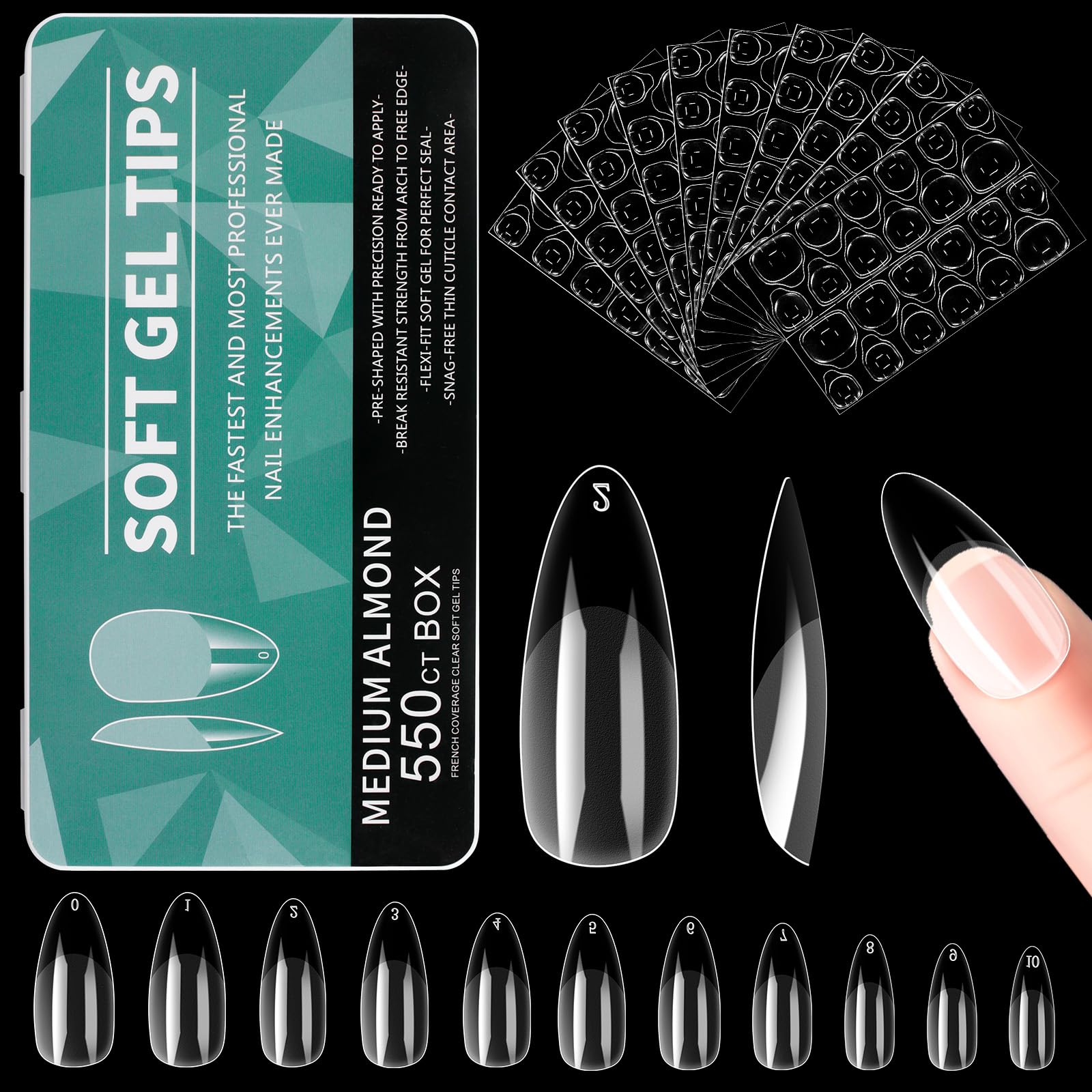 Alyvisun 550 Pcs Clear Almond False Nail Tips in 11 Sizes with 240Pcs Nail Adhesive Tabs, Acrylic Press On Nail Tips for Gel Extensions, Full Cover Soft Gel Tips (Clear)
