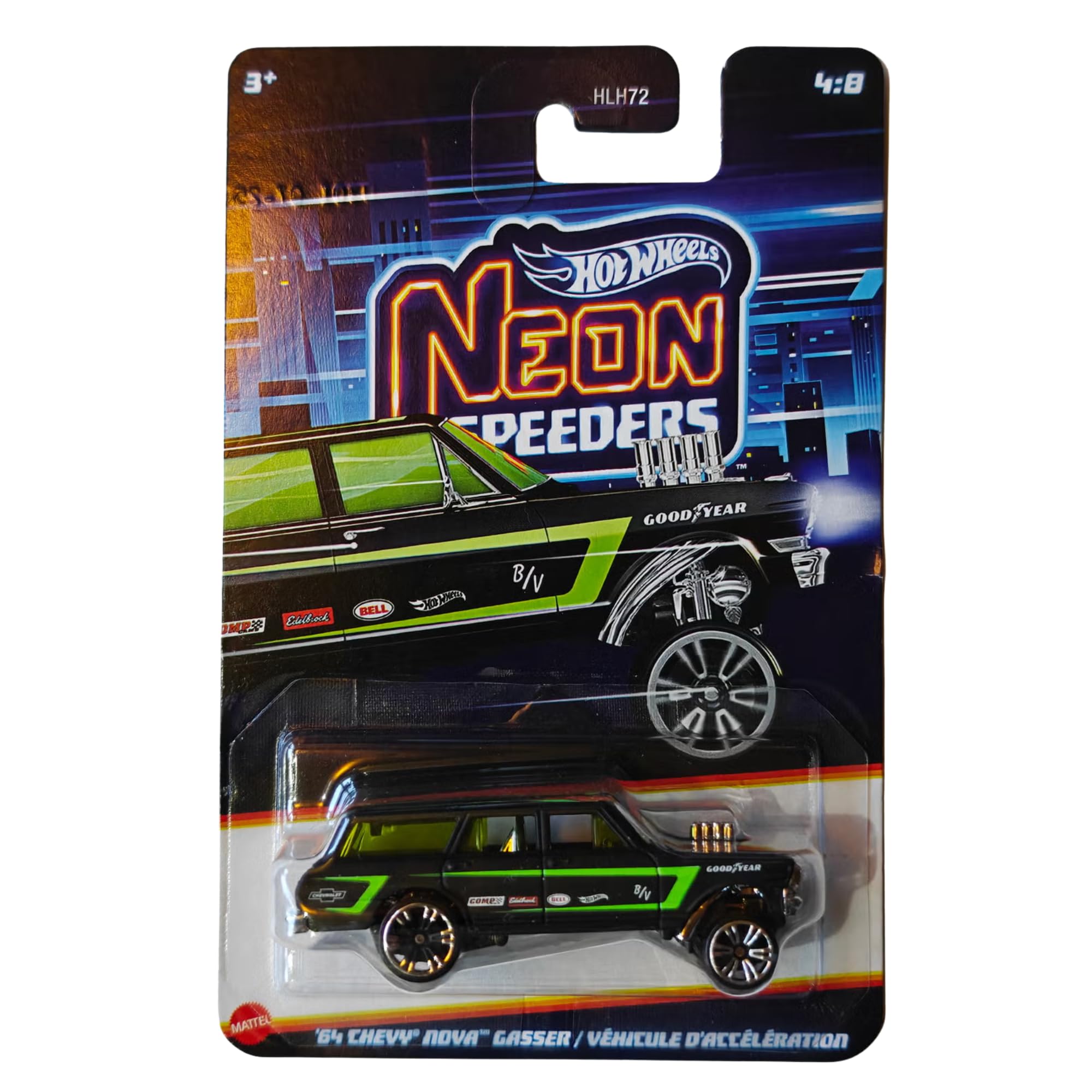 Hot Wheels 1:64 Scale Cars, Racecars, Trucks & Bikes - (Neon Speeders 64' Chevy Nova Gasser - JKX96)