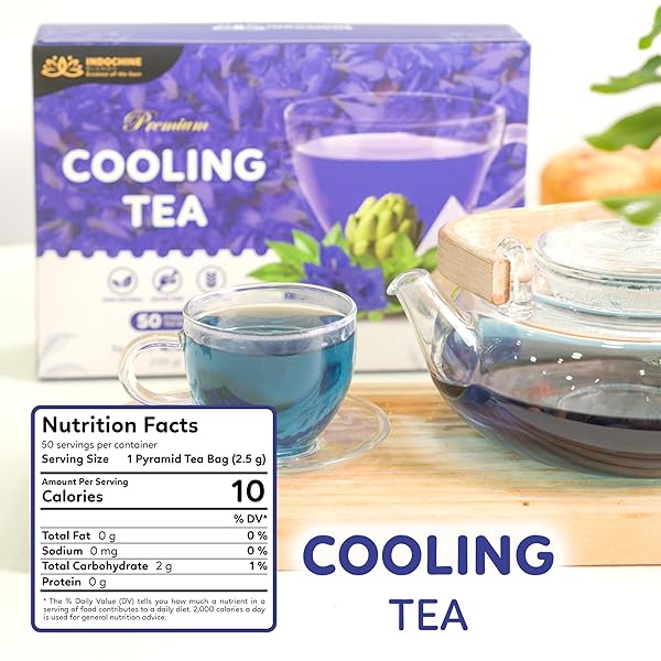 INDOCHINE BLENDS TEA BAGS | SUGAR-FREE, CAFFEINE-FREE HERBAL TEA | DOUBLE CHAMBER, INDIVIDUALLY WRAPPED BAGS | RICH IN NATURAL GOODNESS AND FLAVOR (50 TEA BAGS (PACK OF 1), COOLING (OOLONG, ARTICHOKE, BUTTERFLY PEA & PEPPERMINT TEA))