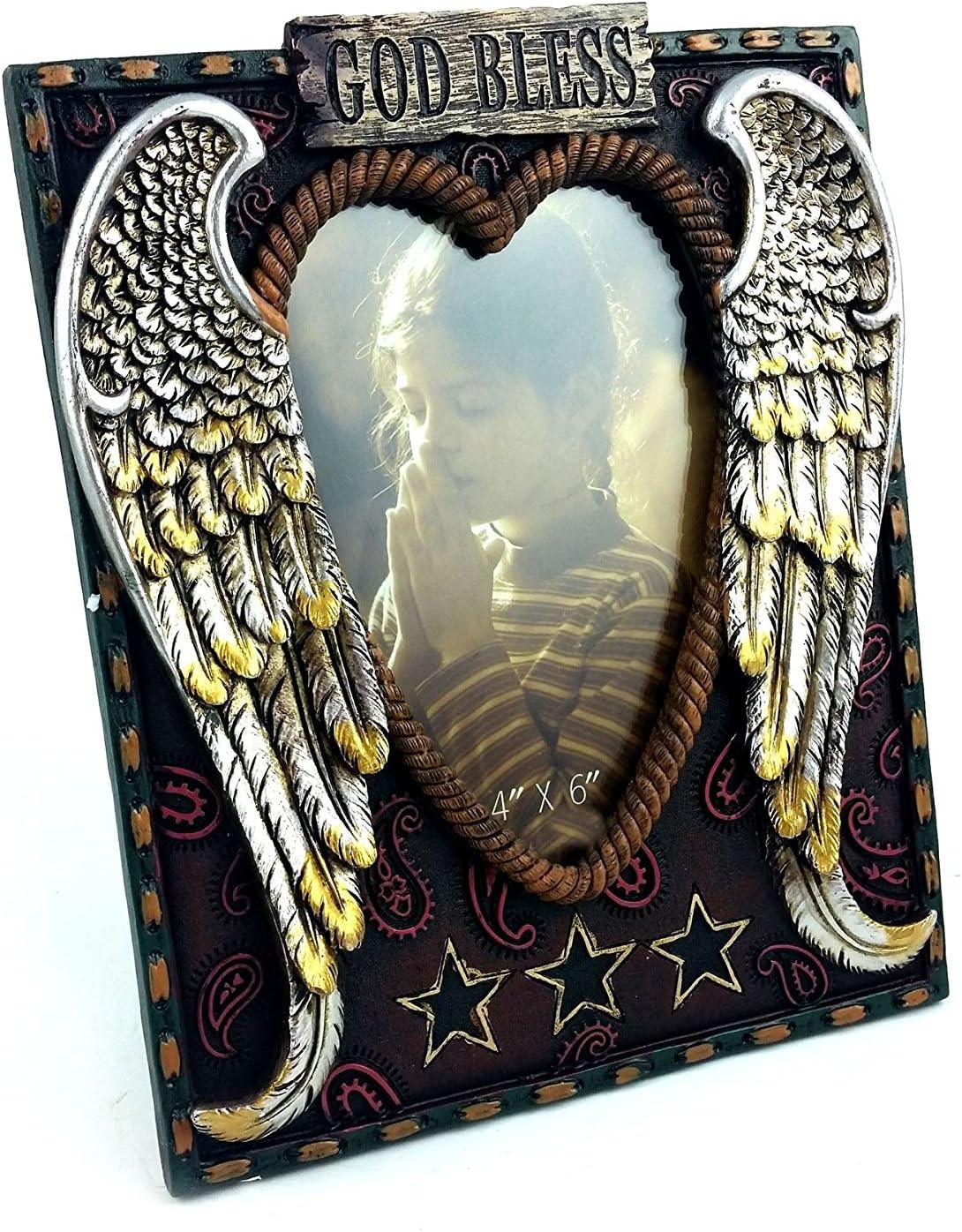 Angel Heart with God Bless and Rope-Styled Border Picture Frame, 4x6, Hand-Crafted, Hand-Painted Heirloom Quality.