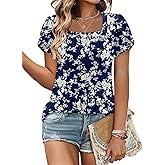 Magritta Womens Blouses Casual Baby Doll Tops Boho Square Neck Short Sleeve Pleated Tshirts Loose Fit Dressy Tunic Shirts