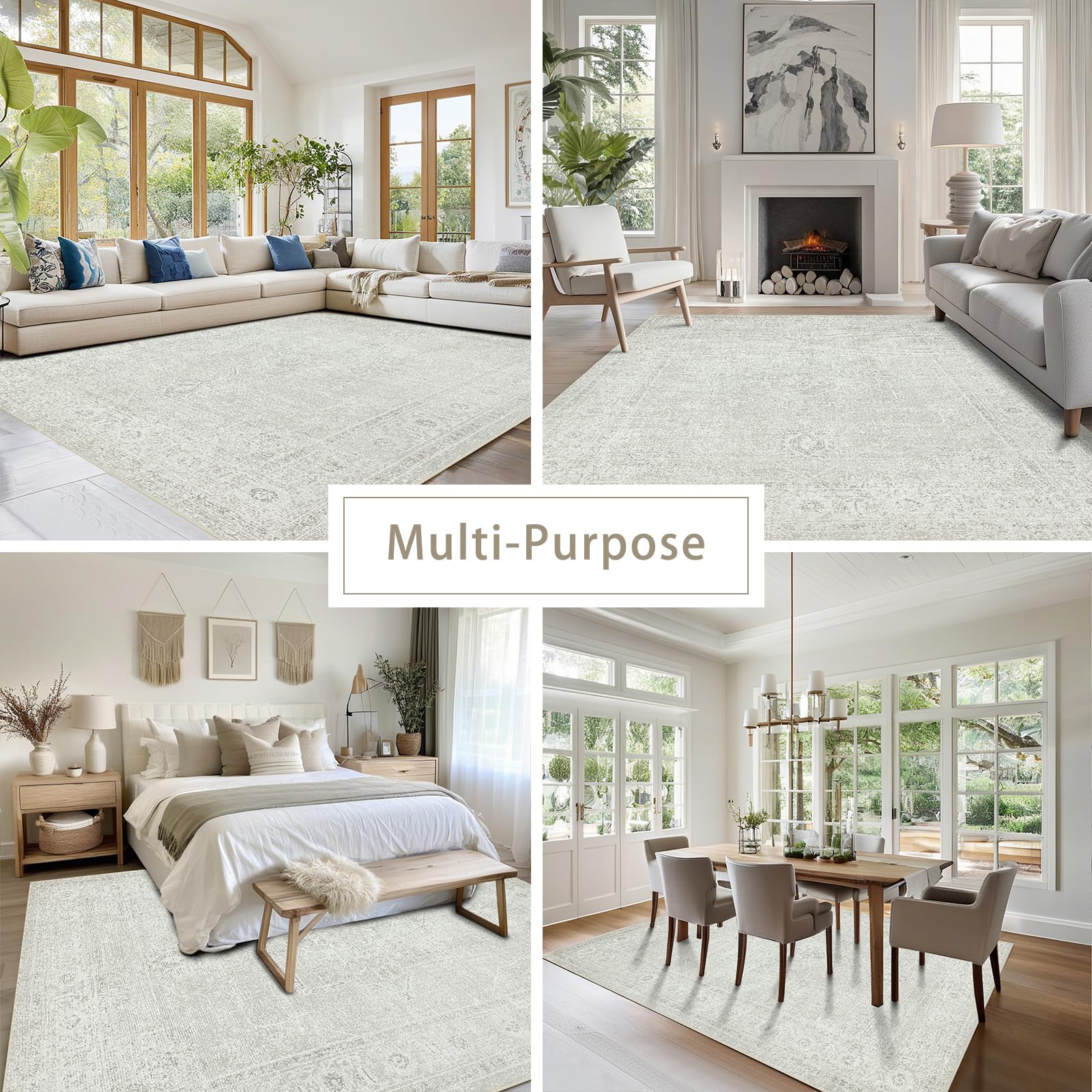 Srugn Washable Rugs 8x10 Area Rugs for Living Room,Bedroom,Dining Room- Large Ultra Soft Faux Wool Retro Carpets,Non Slip&Non-Shedding Low Pile Vintage Carpet for Home Office,Concrete Grey