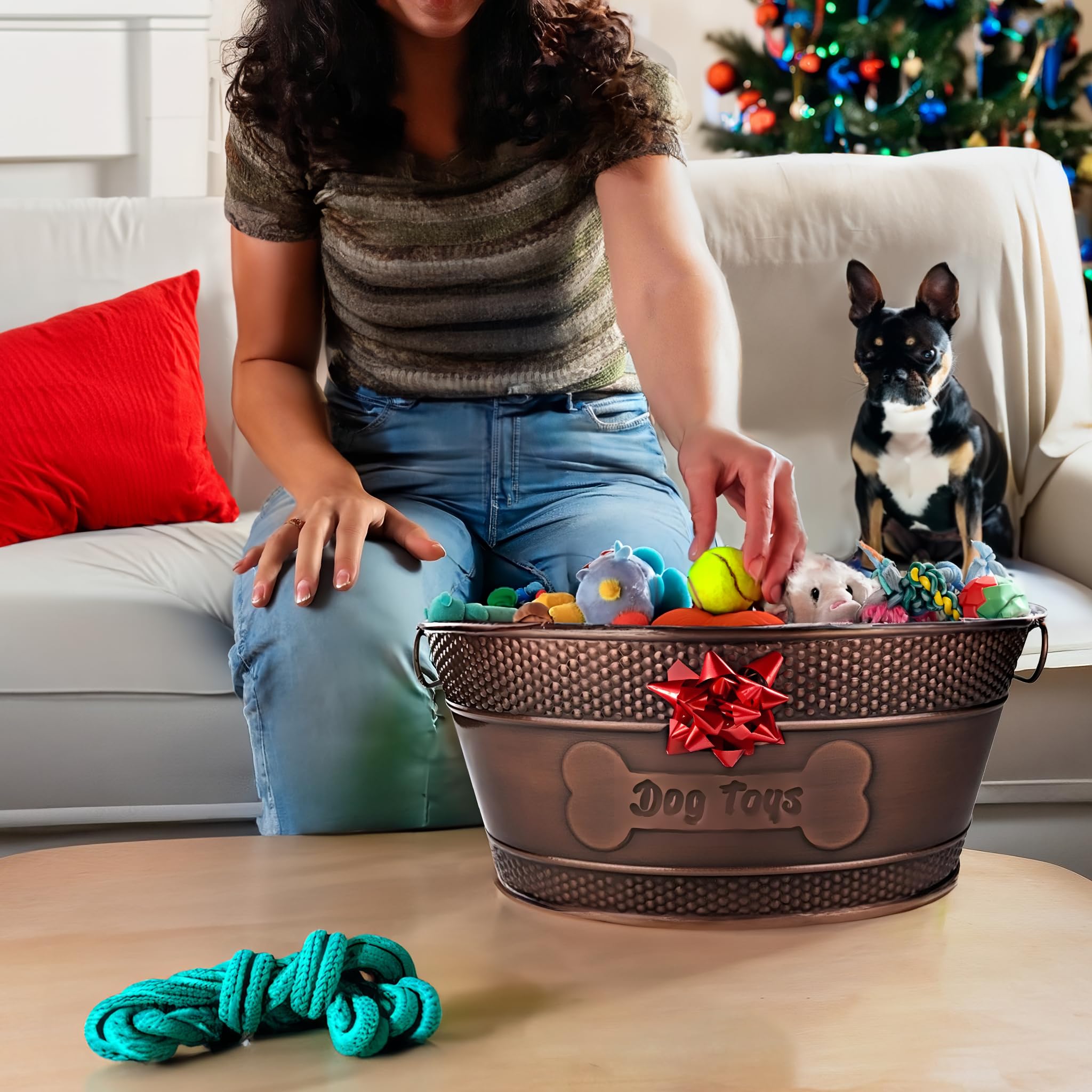 BREKX Indestructible Metal Dog Toy Bin - Copper Galvanized Storage Bin with Handles, Pet Storage Organizer - Ropes, Blankets, & Leashes, Bone Design Pet Toy Box (15-Quart)