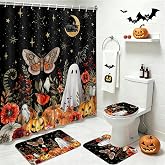 4Pcs Halloween Shower Curtain Set Black Gothic Ghost Bathroom Decor Set with Non-Slip Washable Bath Rugs Toilet Lid Cover Black Cat Halloween Bathroom Decor Set