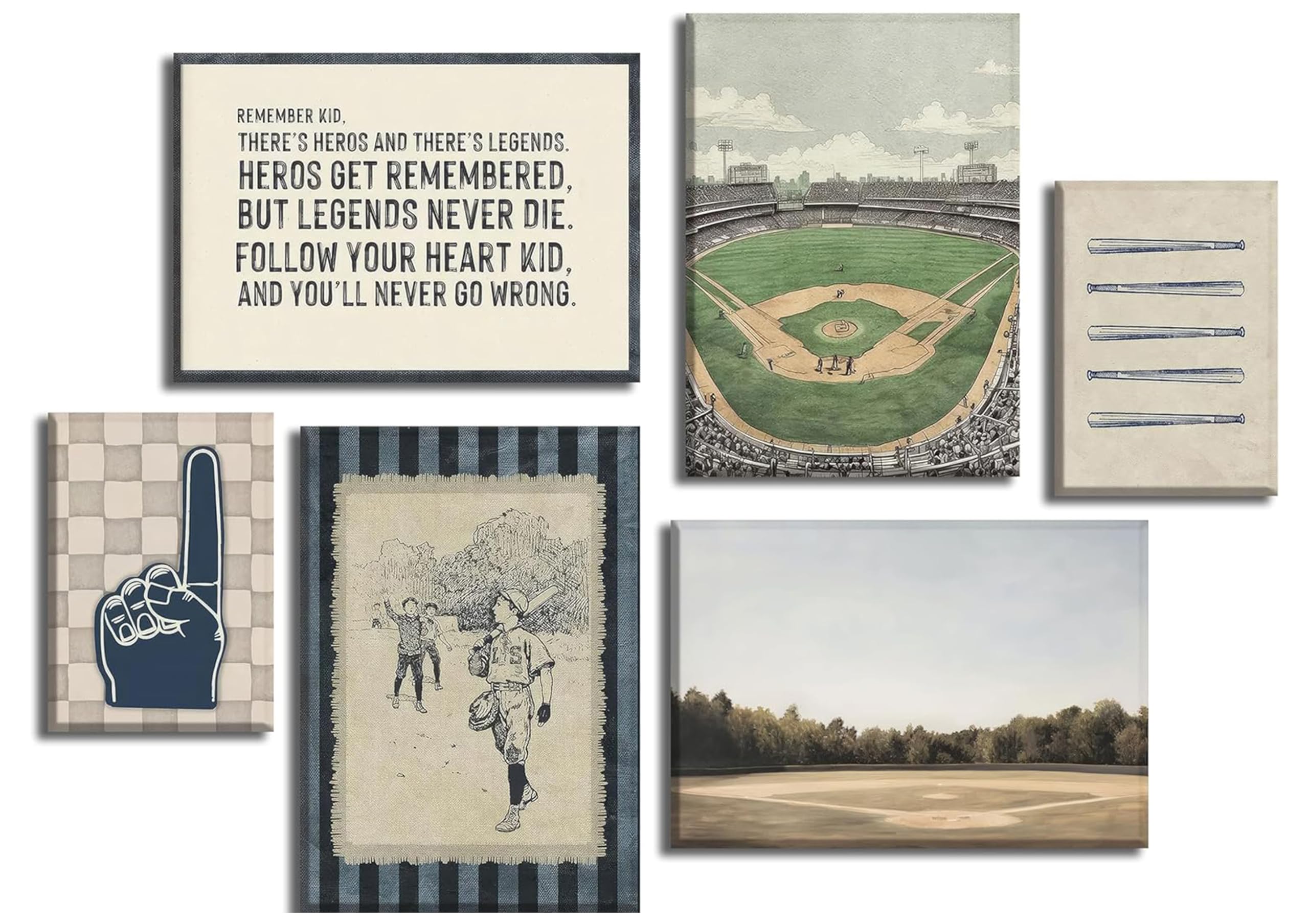 WWN Vintage Baseball Canvas Wall Art Set of 6 Baseball Field Stadium Picture Wall Decor Sports Inspi