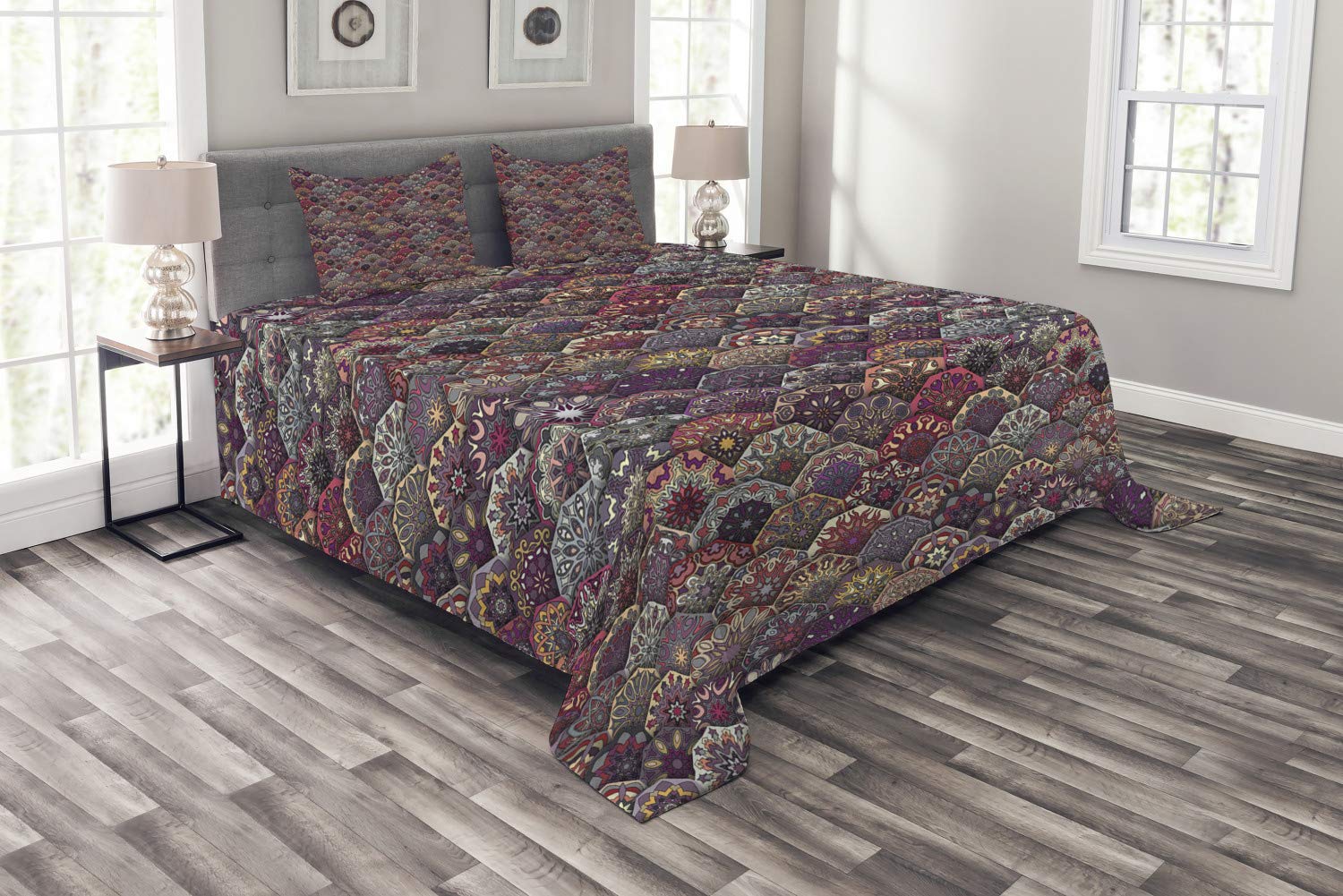 Ambesonne Moroccan Bedspread, Colorful Vintage Floral Mandala Pastel Hexagonal Overlapping Design Mexican Ornate, Decorative Quilted 3 Piece Coverlet Set with 2 Pillow Shams, King Size, Dark Lavender