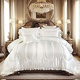 Silk Like Satin Comforter Set with Sheet Set Queen 8 Pcs White Satin Bedding Set Silky Ruffle Pattern Home Deocr Luxury Hotel Silky Bed in a Bag with 1 Cushion Cover
