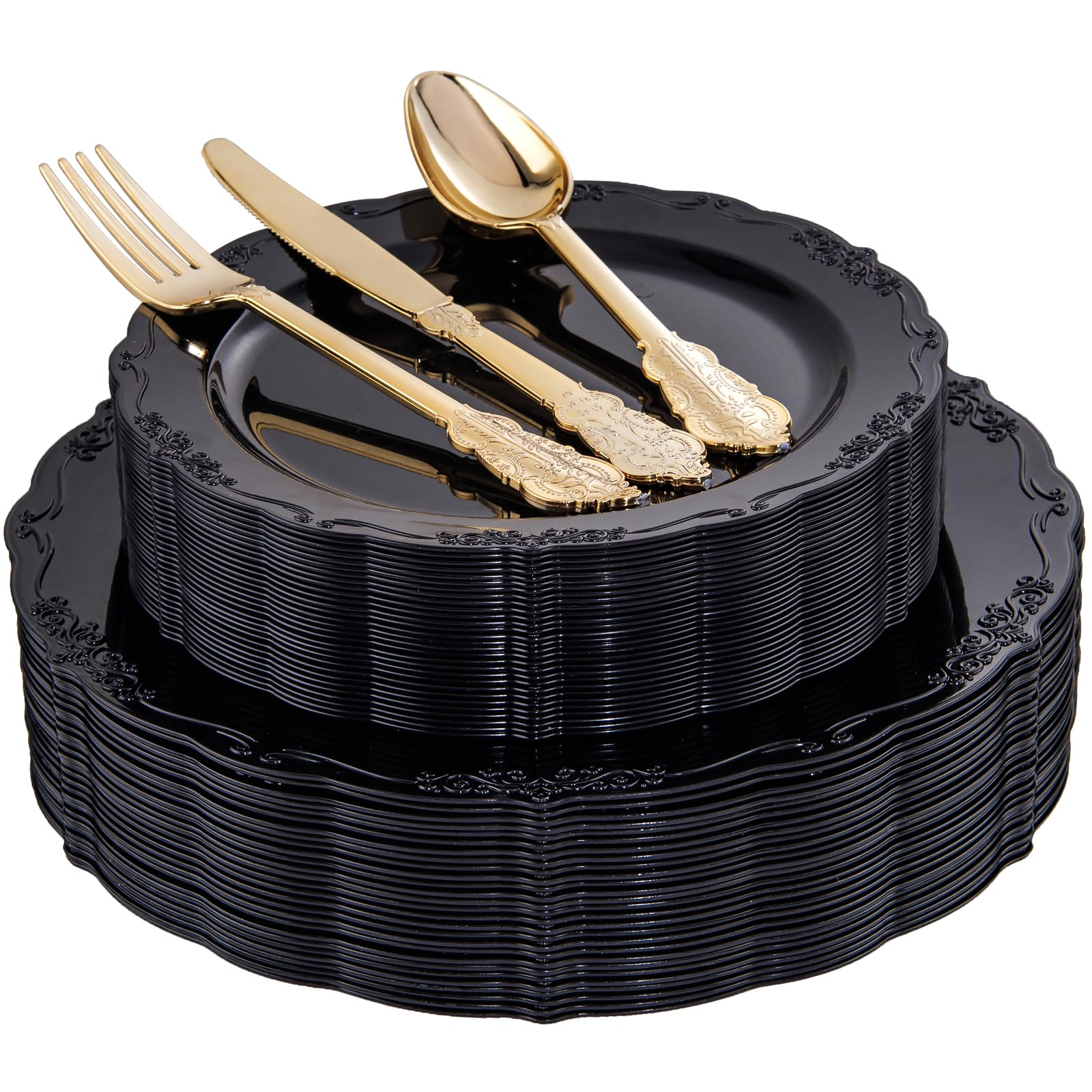 Photo 1 of DaYammi 150Pcs Black Plastic Plates & Gold Plastic Silverware,Black Disposable Plates Set Include 30 Dinner Plate, 30 Dessert Plate,30 Golden Knives,30 Gold Forks,30 Golden Spoons for Halloween Party