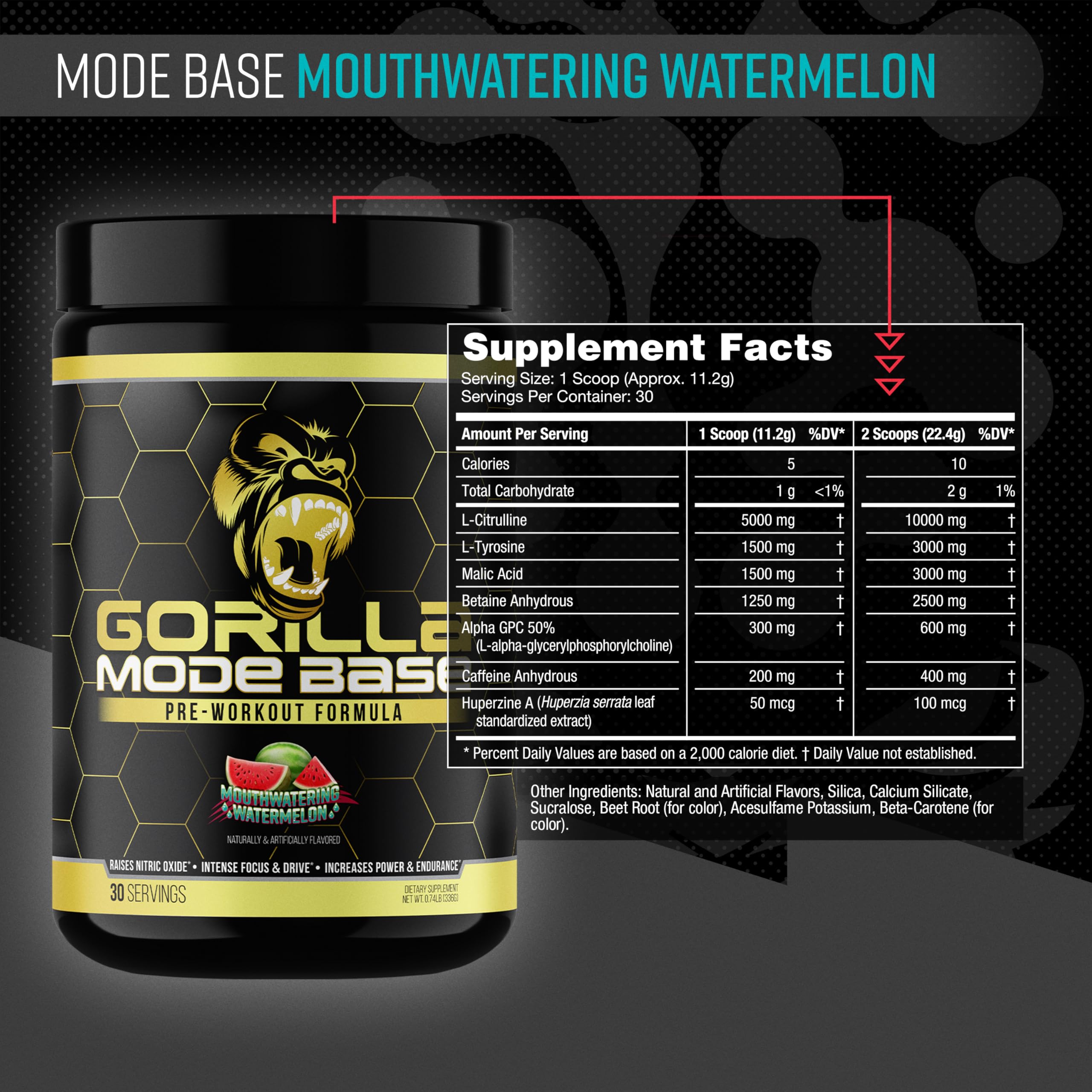 Gorilla Mind Base Pre Workout - Raises Nitric Oxide Intense Focus & Drive Endurance Power - L-Citrulline, L-Tyrosine, Betaine, Alpha-GPC, Caffeine, Huperzine A - 360 Grams (Watermelon)
