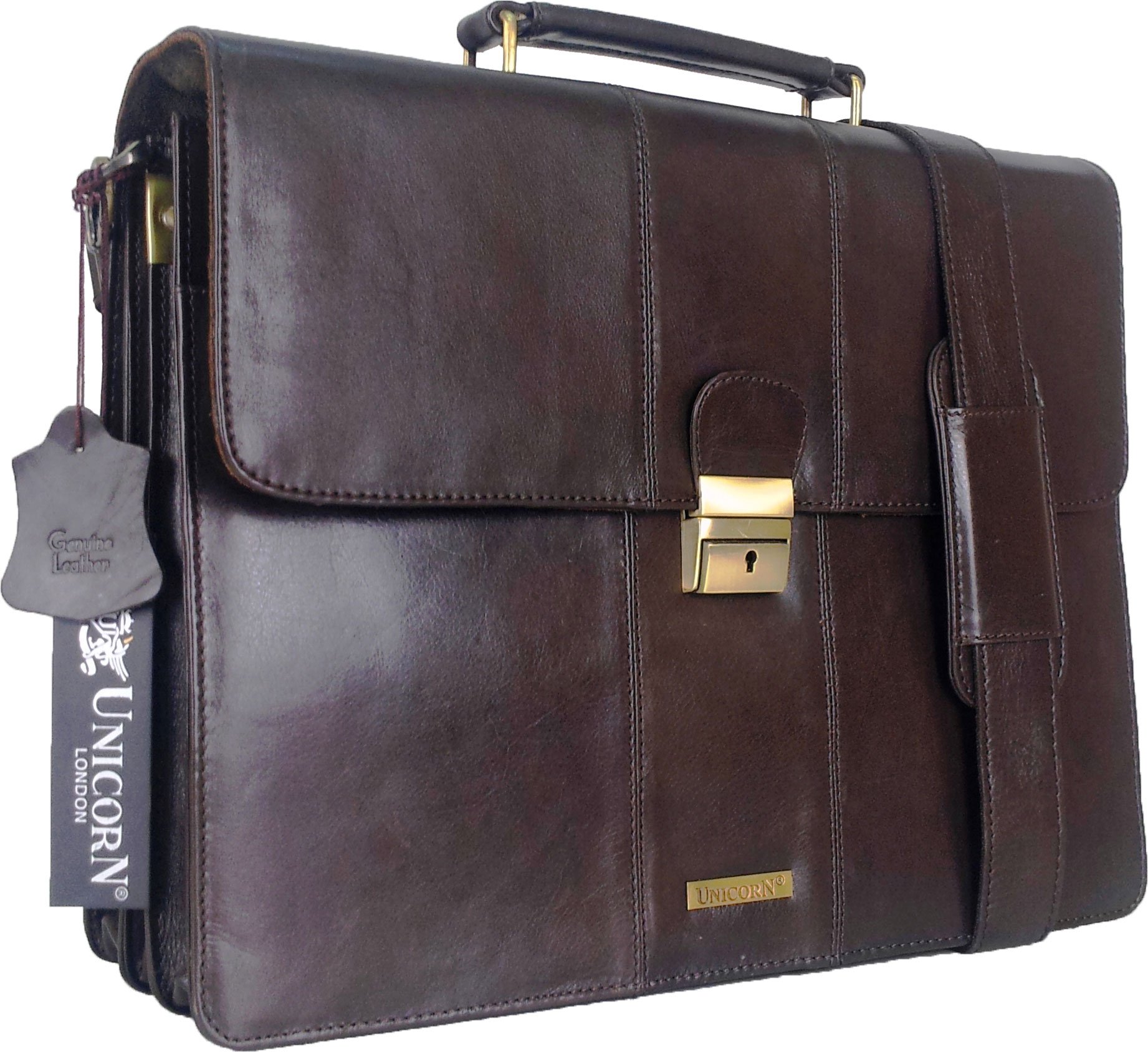 UNICORN Brown Real Leather Bag Business Executive Briefcase Keylock Messenger #3N