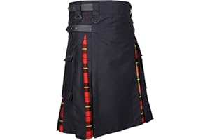 DSS KILTS- Men's Hybrid Black Cotton & Tartan Utility Kilts with Leather Straps-Plus Size Kilts for Men