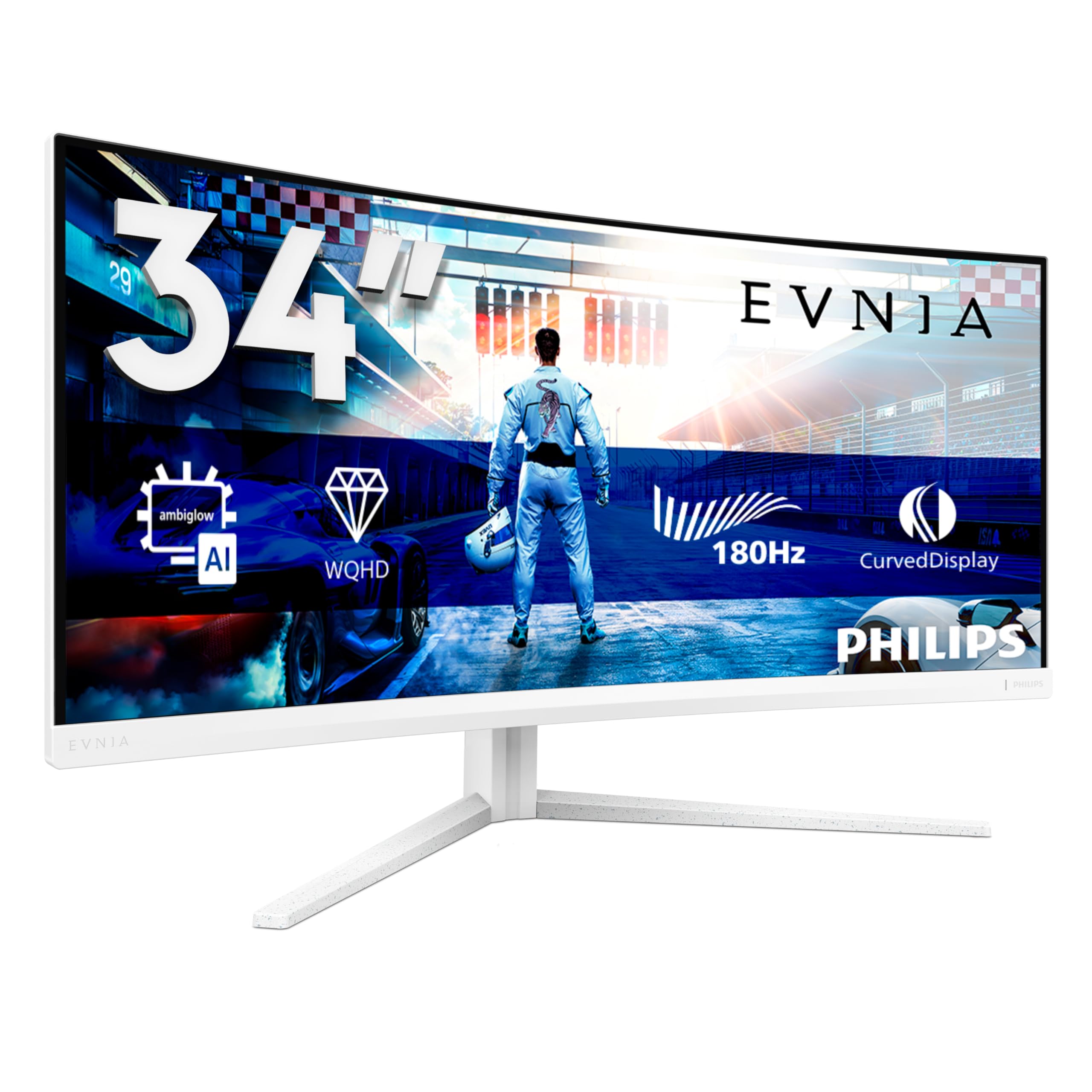Philips Evnia 34M2C5501A - 34 Zoll WQHD Curved Gaming Monitor, 180 Hz, 1 ms, FreeSync Premium, Ambiglow (3440x1440, 2X HDMI 2.0, 1x DisplayPort 1.4, USB Hub) Weiss