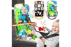Innofans Baby Car Seat Dinosaurs Toys - Kick and Play Double Sided Infant Car Seat Toys with Plush Toys, Mirror, Teether for Baby, Babys Travel Activities, Christmas Birthday Gifts Newborn Infant Toys