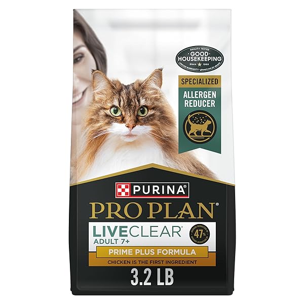 PURINA PRO PLAN LIVECLEAR SENIOR CAT FOOD 7+ CAT ALLERGEN REDUCER PRIME PLUS CHICKEN AND RICE FORMULA – 3.2 LB. BAG
