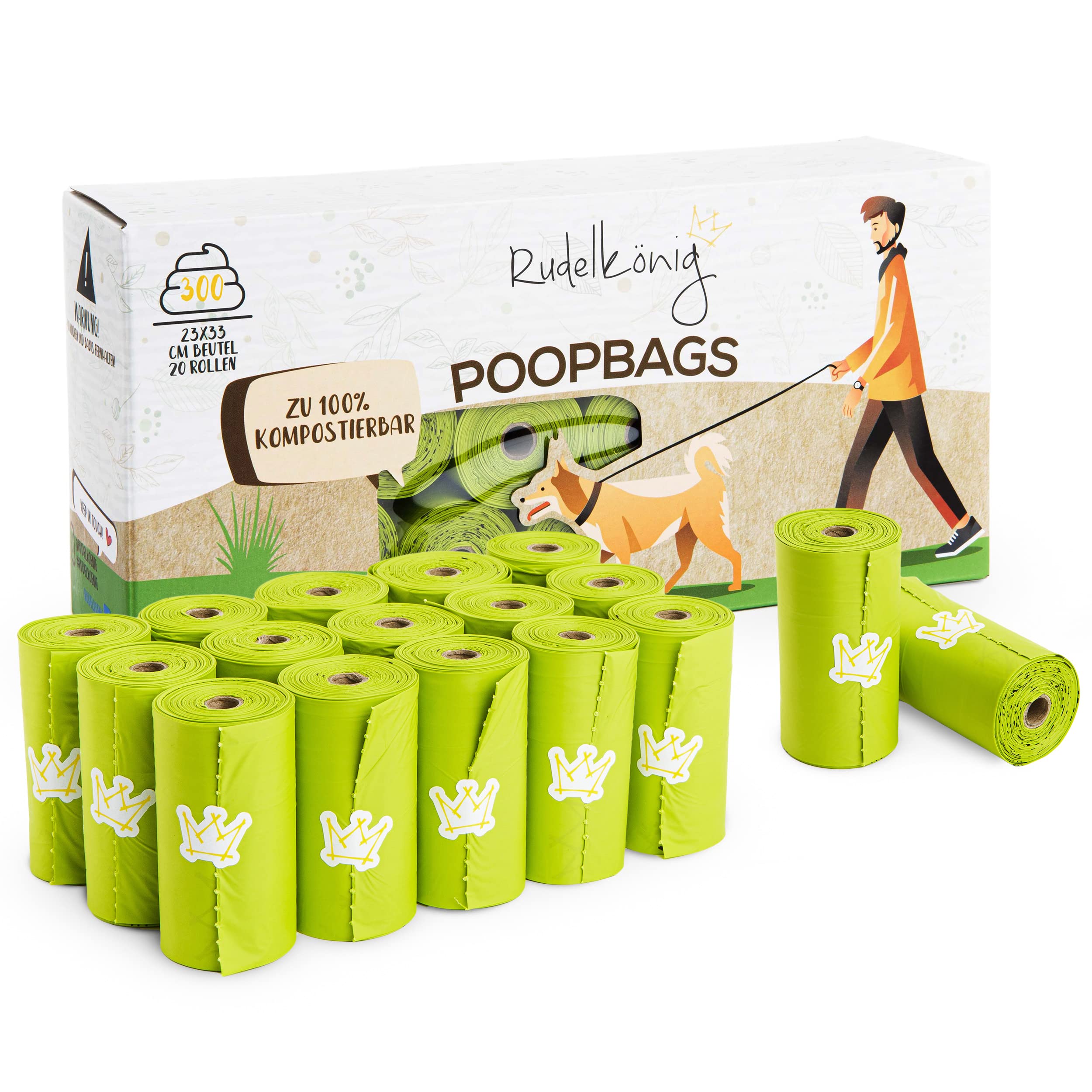 Rudelkönig poop bags for dogs - 300 dog poop bags made from recycled plastic - extra thick & tear resistant - Refill pack - 15 bags per roll
