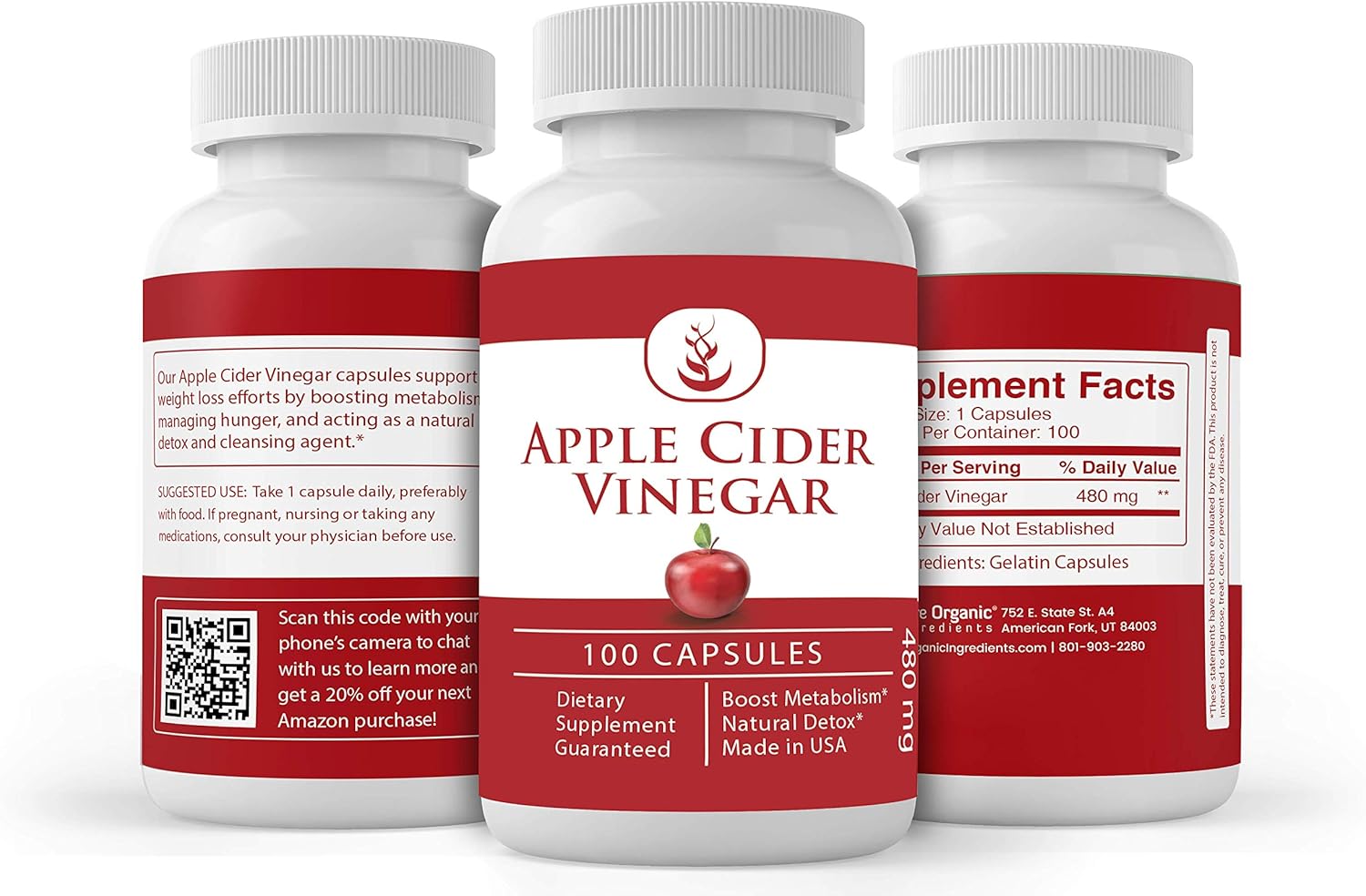 Apple Cider Vinegar (100 Capsules, 480 mg Serving) by Pure Organic