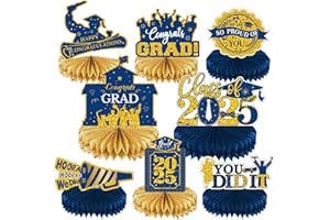 PARTYGARDEN 2025 Graduation Party Decorations - Blue Gold Class of 2025 Graduation Party Decorations Honeycomb Centerpieces for Tables Congratulate for 2025 Congrats Grad Party Supplies Favors 8 Pcs