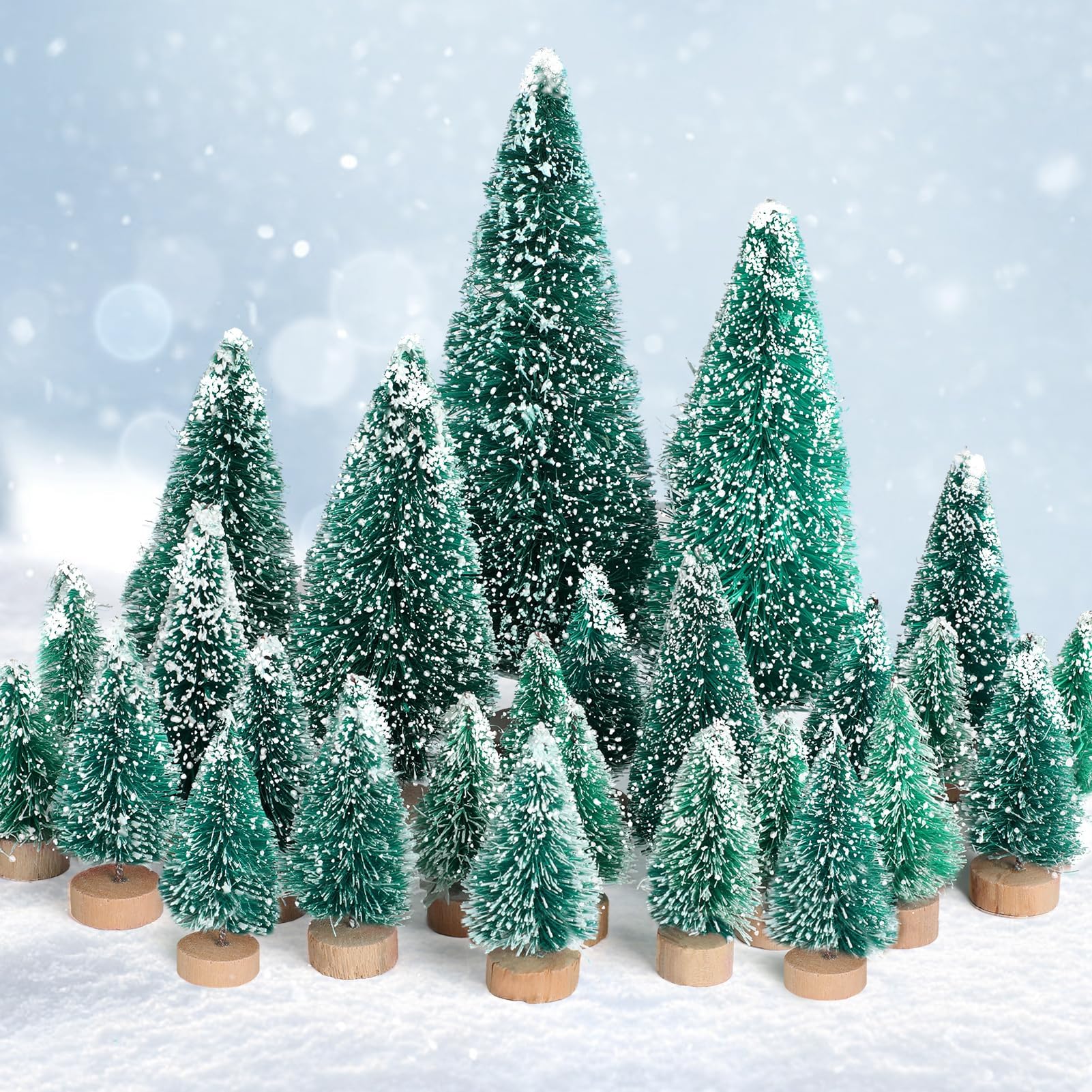 MELLIEX 24 PCS Miniature Artificial Christmas Tree Tabletop Snow Frosted Trees with Wood Base - 6 SIZES