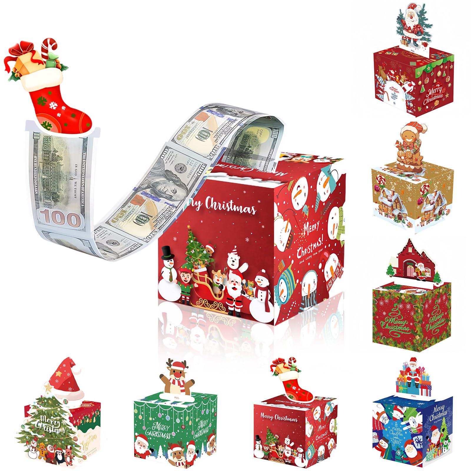Christmas Money Pull Box,Christmas Money Gift Box Pull Surprise Money Pull Pouch for Kids/Adult,Xmas Money Box for Cash,Money Cake Pull out Cash with Xmas Card and 50P Bags,Money Reveal Box Xmas Party
