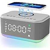 Alarm Clock Speaker Wireless Charger, Digital Alarm Clocks Bedrooms Bluetooth, Alarm Clock Dimmable Light Bedrooms Dual Alarm Snooze Dimmer 12 24H RGB Night Light Bluetooth USB AUX, Gray