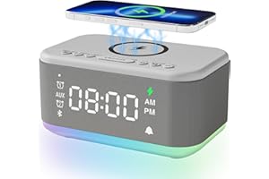 BROSERENGY TECH Alarm Clock Speaker Wireless Charger, Digital Alarm Clocks Bedrooms Bluetooth, Alarm Clock Dimmable Light Bedrooms Dual Alarm Snooze Dimmer 12 24H RGB Night Light Bluetooth USB AUX, Gray