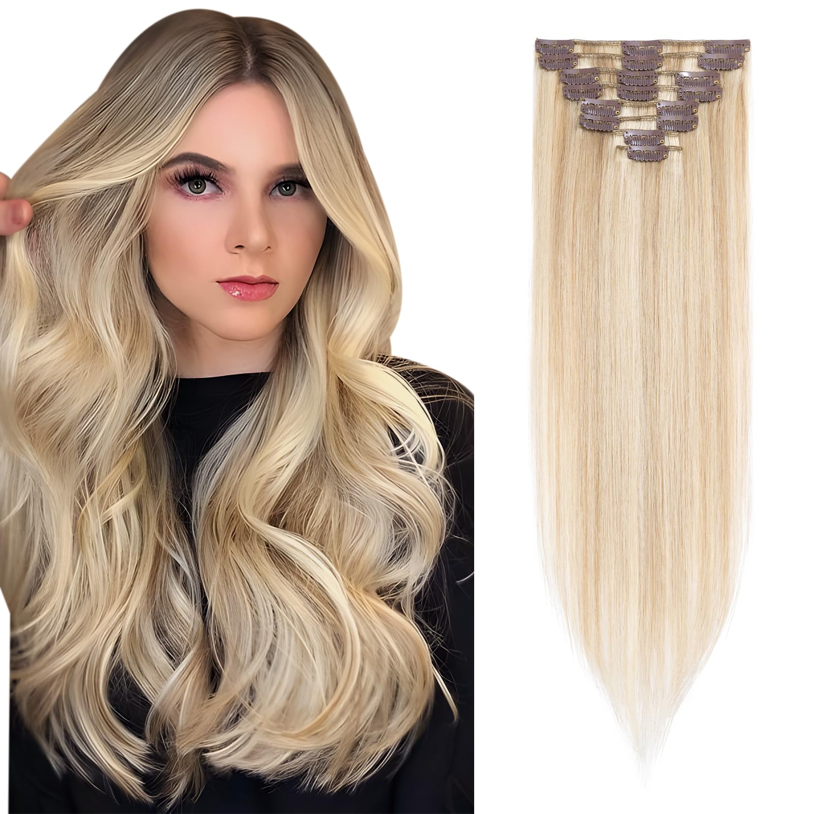 Elailite Hair Extensions Real Human Hair Clip in 100% Remy Hair Extension - 8 Pcs Thin Thickness Weft - Mix #18/613 Ash Blonde & Bleach Blonde - 18 Inch