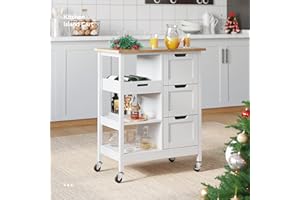YITAHOME Small Solid Wood Top Kitchen Island Cart on Wheels with Storage, Rolling Portable Dining Room Serving Utility Carts Mobile Movable with 3 Drawers Cabinet, Oak & White