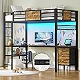 BTHFST Twin Loft Bed with L-Shaped Desk, Metal Twin Size Bed Frame with LED Lights & Charging Sation, 3 Fabric Drawers, 2-Tier Storage Shelves, Safety Guard & Ladder, No Box Spring Needed