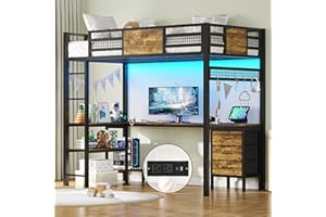BTHFST Twin Loft Bed with L-Shaped Desk, Metal Twin Size Bed Frame with LED Lights & Charging Sation, 3 Fabric Drawers, 2-Tier Storage Shelves, Safety Guard & Ladder, No Box Spring Needed