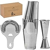 A Bar Above Cocktail Shaker Set, 4-Piece Professional Bartender Kit with Boston Shaker, Strainer and Jigger, Stainless Steel Bar Accessories for Craft Cocktails, Silver
