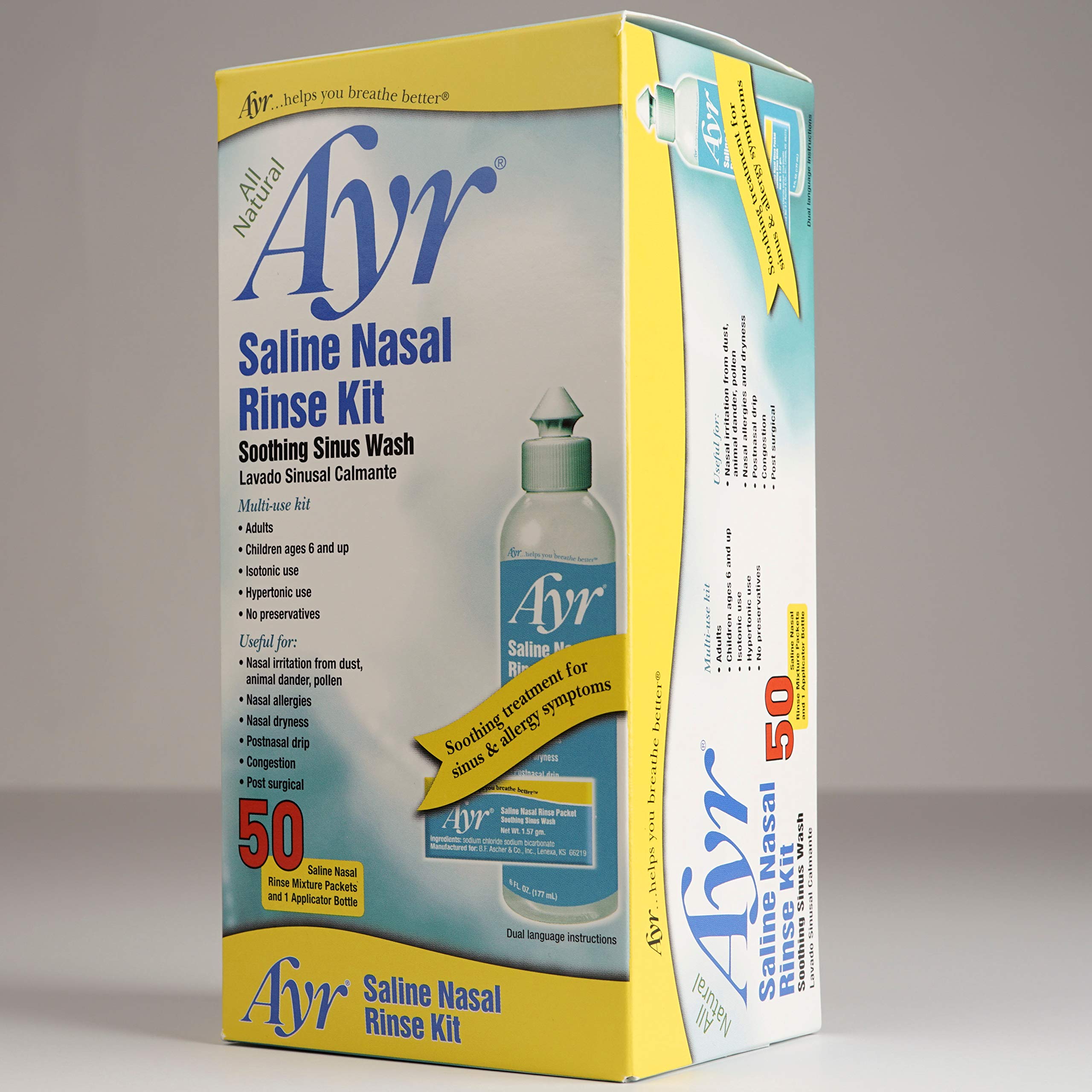 AYR Saline Nasal Rinse Kit Soothing Sinus Wash, 50-Count Saline Nasal Rinse Mixture Packets Plus Applicator Bottle (Pack of 2)