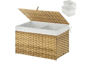 GREENSTELL Storage Basket with Lid, 17.2 Gallon(65L) Small Wicker Blanket Storage Basket with Handles, Foldable, 2 Removable Liner Bags, Metal Frame, for Bedroom, Laundry Room, Natural