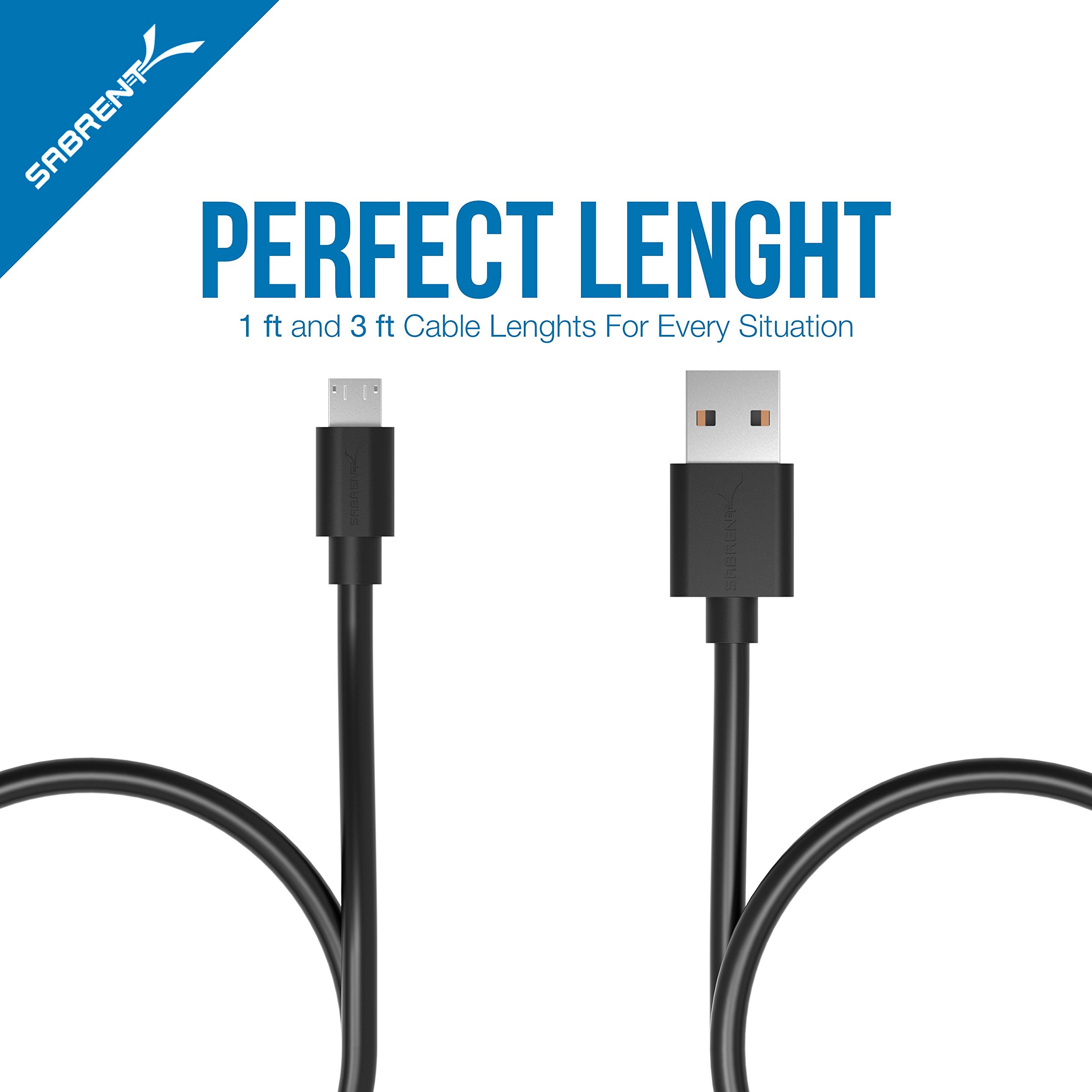SABRENT [6-Pack 22AWG Premium Micro USB Cables (X3-3ft + X3-1ft) High Speed USB 2.0 A Male to Micro B Sync and Charge Cables [Black] (CB-U631)