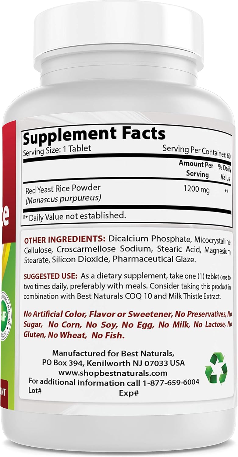 Best Naturals Red Yeast Rice 1200 Mg Tablet for Healthy Cholesterol Level, 60 Count (817716015859): Health & Personal Care