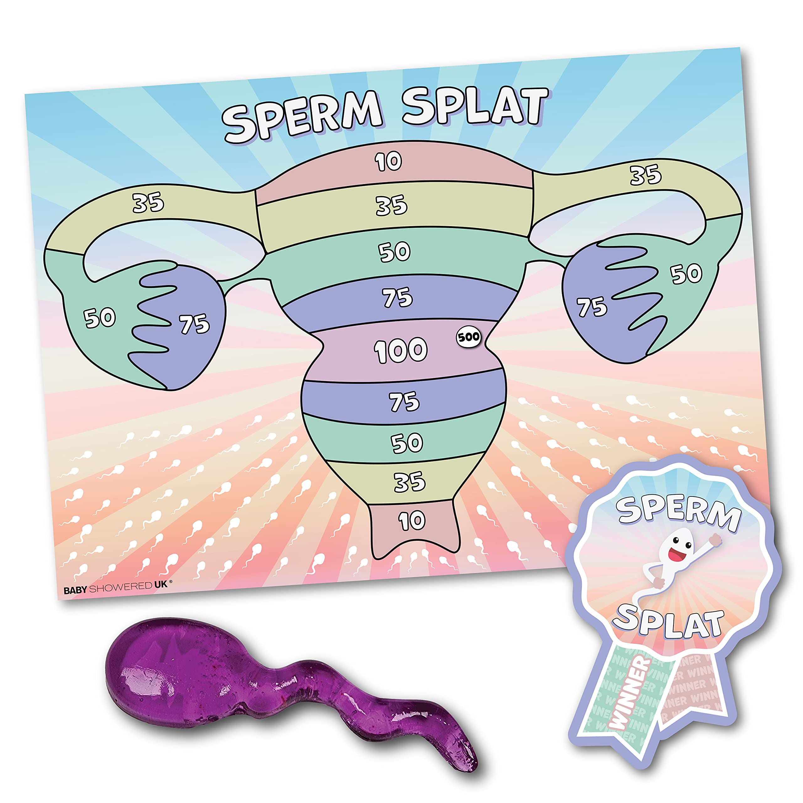 Baby Shower Games - SPERM SPLAT – Unlimited Players | Winner Prize | XL Poster | Sticky Splat included for fun boy, girl, neutral/unisex baby shower party | group baby shower game | Gender Reveal