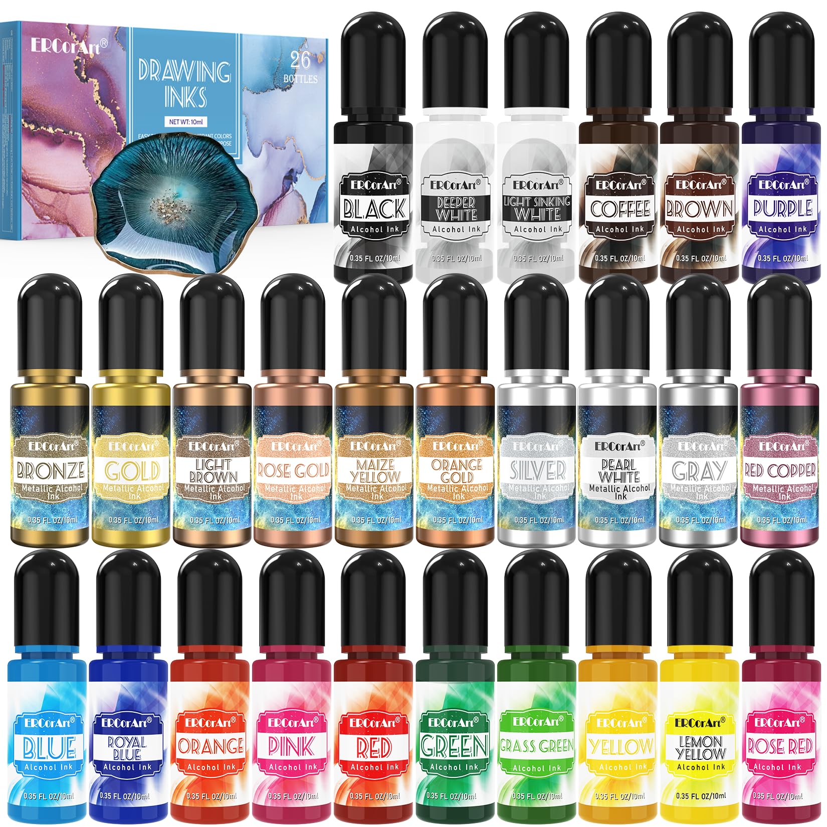 Alcohol Ink Set - ERCorArt 26 Vibrant & Concentrated Colours, Alcohol Inks for Resin, Art Painting, Resin Petri Dish Making, Tumbler Making - 10 ml/Bottle