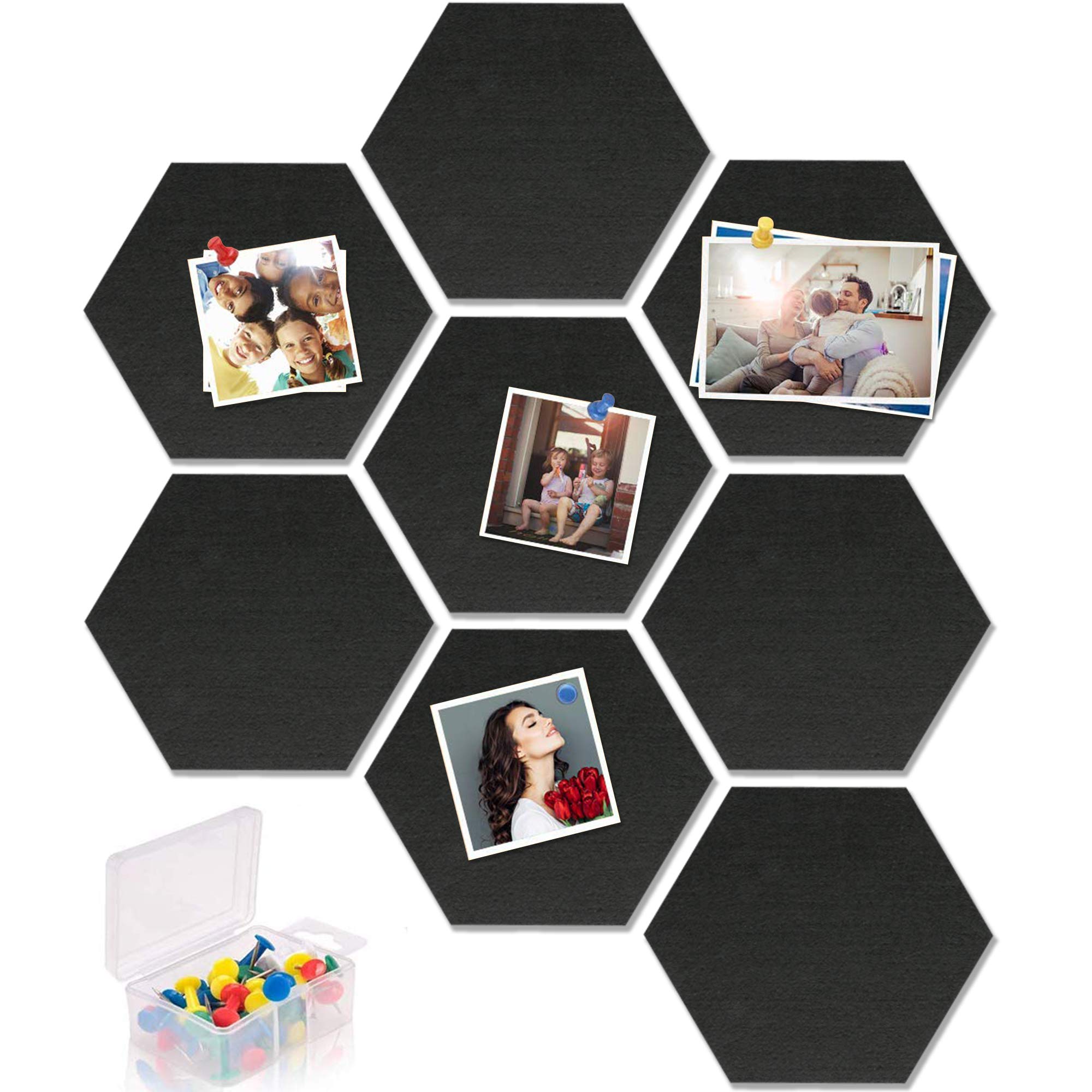 Yoillione Pin Board Hexagon Felt Board Tiles Self Adhesive Notice Board for Home and Office, Black Bulletin Board Sticky DIY Memo Boards for Wall Decorative with 20 Push Pins