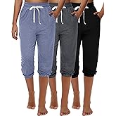 Ficerd 3 Pcs Women's Capri Sweatpants Joggers Summer Casual Sports Cropped Lounge Pants High Waisted Athletic with Pockets