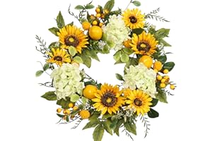 Pudate Sunflower Wreath with Hydrangeas, Lemons, Big Berry,Summer Wreath for Front Door, Unique Housewarming Gift,mother'day Gift,Farmhouse Porch Decor, Wall Decor-22IN