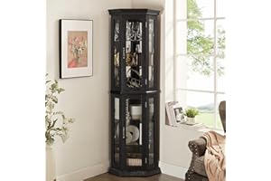 Makaseiya 70" Lighted Corner Curio Cabinet,Wooden Corner Glass Display Case with Tempered Glass Door for Living Room, Antique Collectibles, Wine & Bar Glass Storage, Lights Included