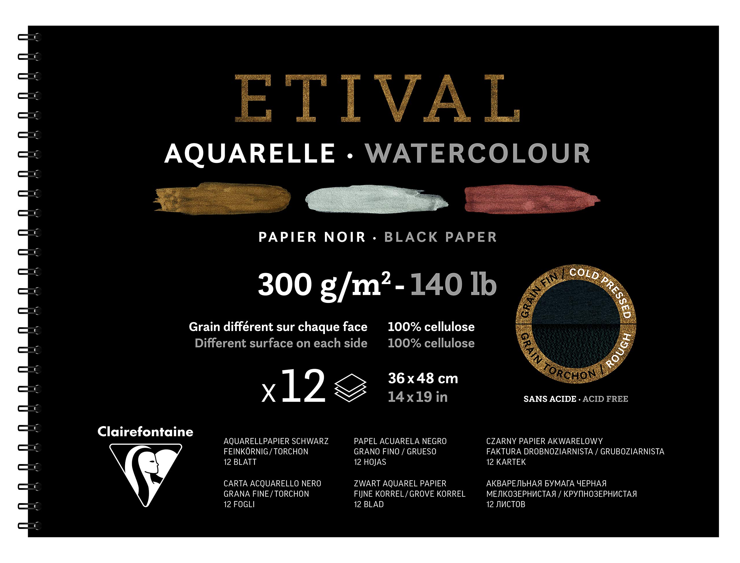 Clairefontaine - Ref 975327C - Etival Cold Pressed Black Watercolour Painting & Drawing Wirebound Pad (12 Sheets of Paper) - 36 x 48cm - 300gsm Cellulose Art Paper
