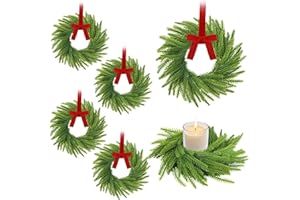 PHONCOO 6 Pcs Christmas Candle Rings Wreaths, Christmas Kitchen Cabinet Wreaths, 7.87" Artificial Norfolk Pine Garland Wreath with Ribbon Bows, Candle Ring Holder for Table Centerpiece Window Chair Wall