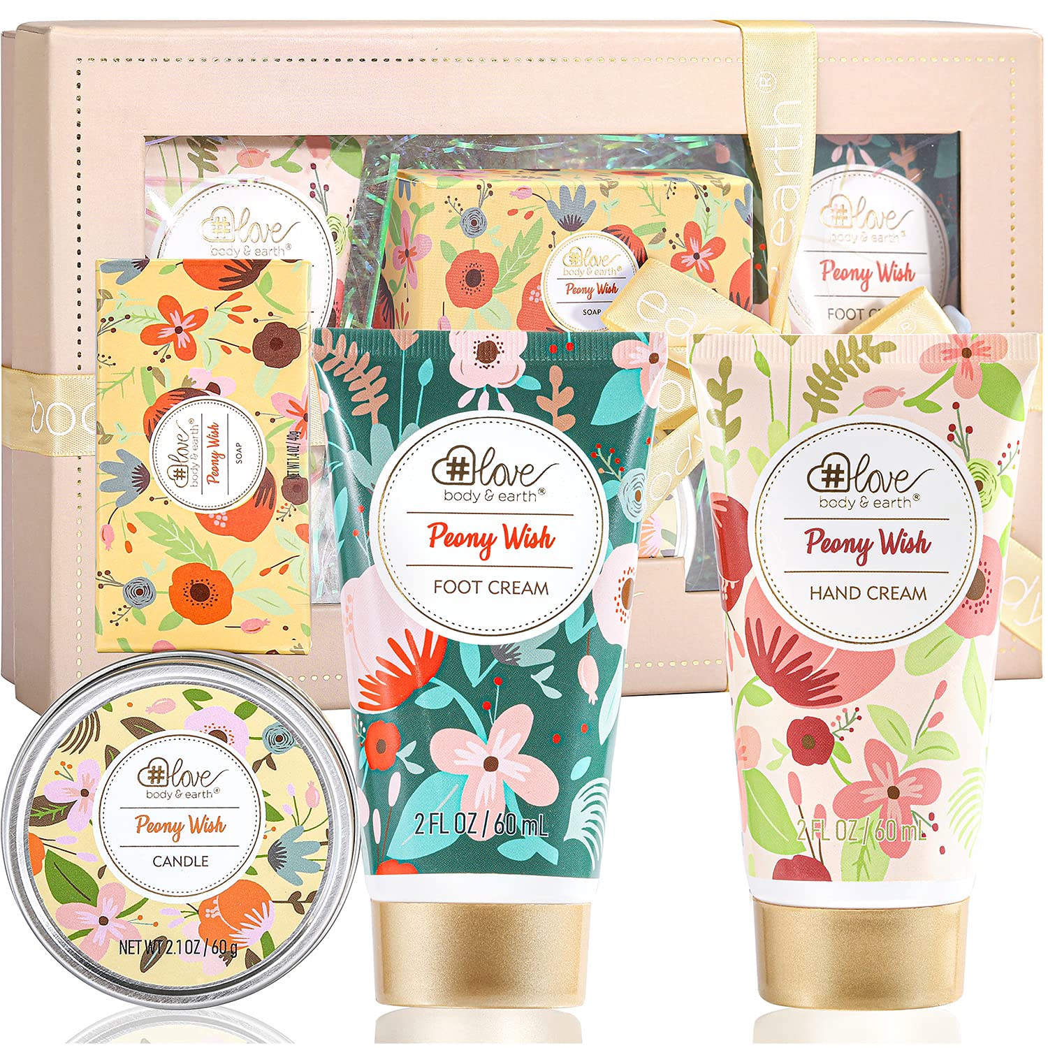 Hand Cream Gift Set-4 Pack Peony Scent Gifts for women Include Hand Cream, Foot Cream, Soap, Scented Candles Birthday Gift Set for Her Valentine's Mothers Day Gifts Christmas
