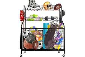 AQNIEGEP Garage Sports Equipment Organizer, Ball Storage Rack, Garage Sports Equipment Storage, Ball Rack, Sports Organizer Rack for Garage with Wheels Black